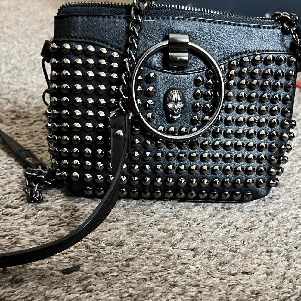 Studded Black Crossbody Bag with Chain Detail